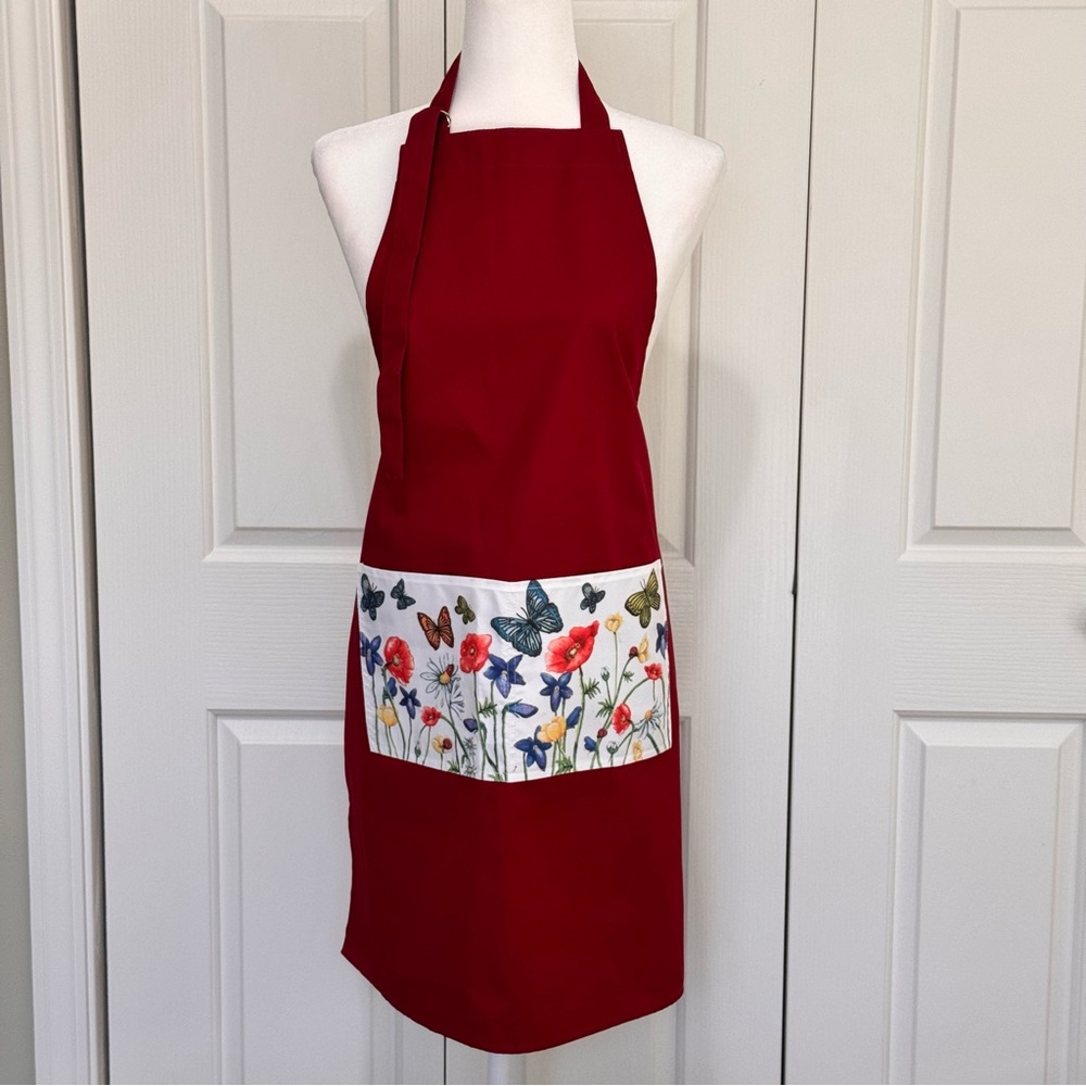 Cypress Home Red Floral Butterfly Cotton Kitchen Apron NWOT Pockets